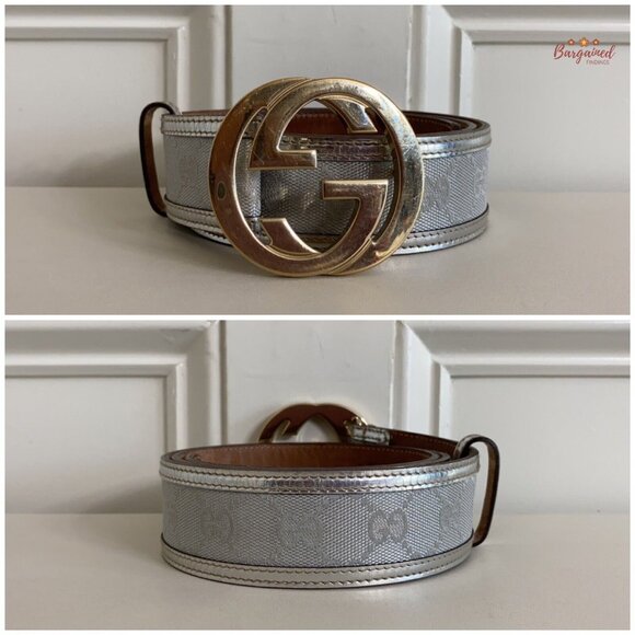 Auth Gucci Silver Monogram Canvas Leather Gold Interlocking G Buckle Belt 90/36 main image 8